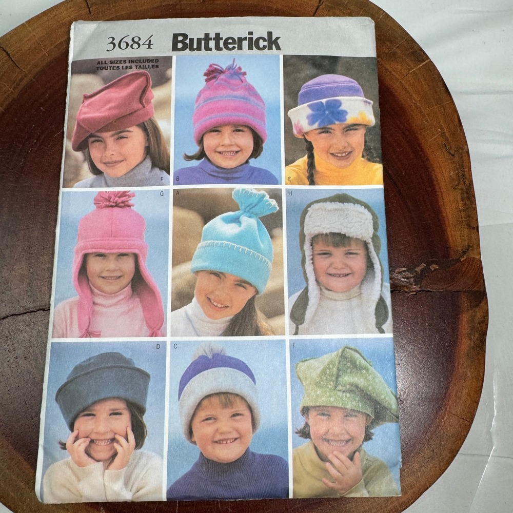 Butterick 3684 Childrens Hat Sewing Pattern Multi Size Beanie Beret Trapper Easy